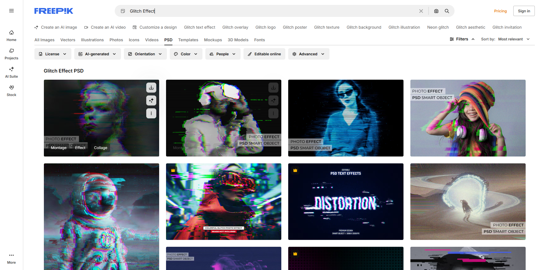Interface of Freepik - the most liked site for Photoshop glitch effects