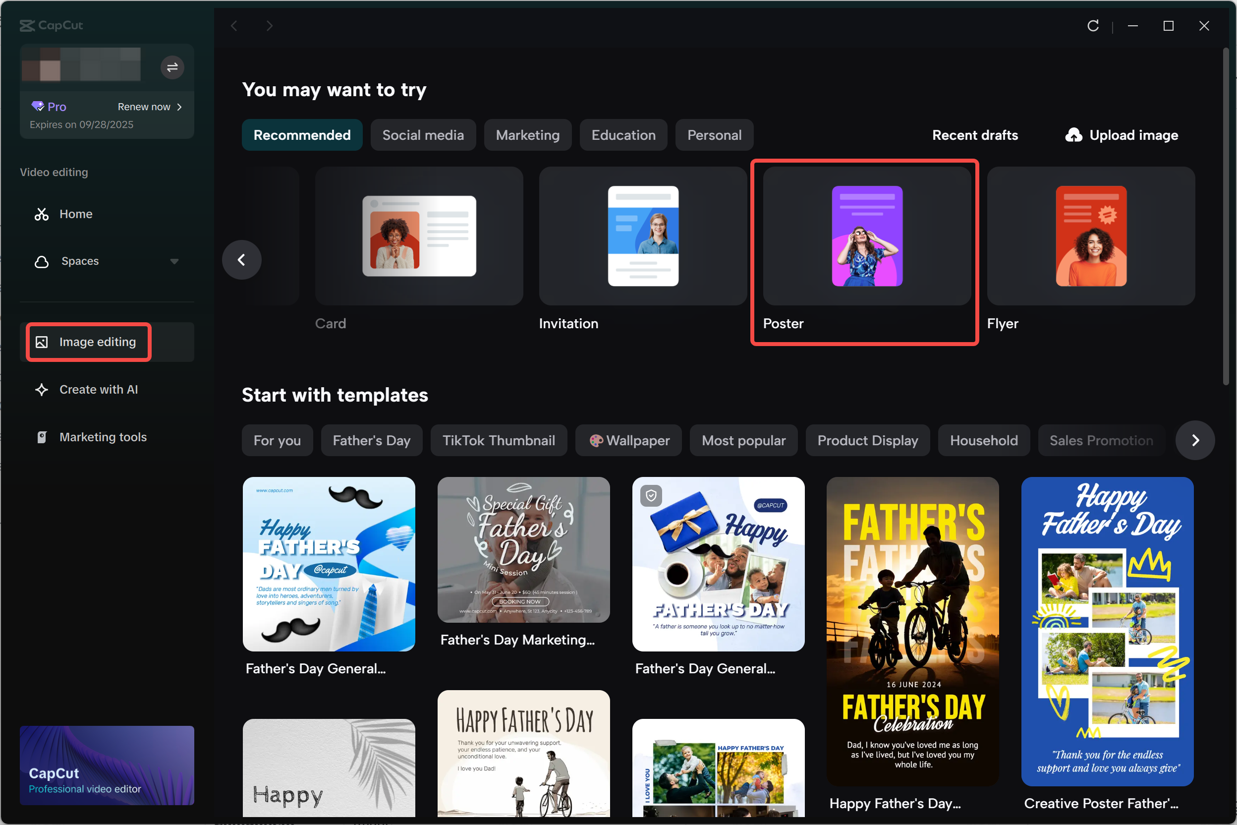 Accessing the poster templates in the CapCut desktop video editor