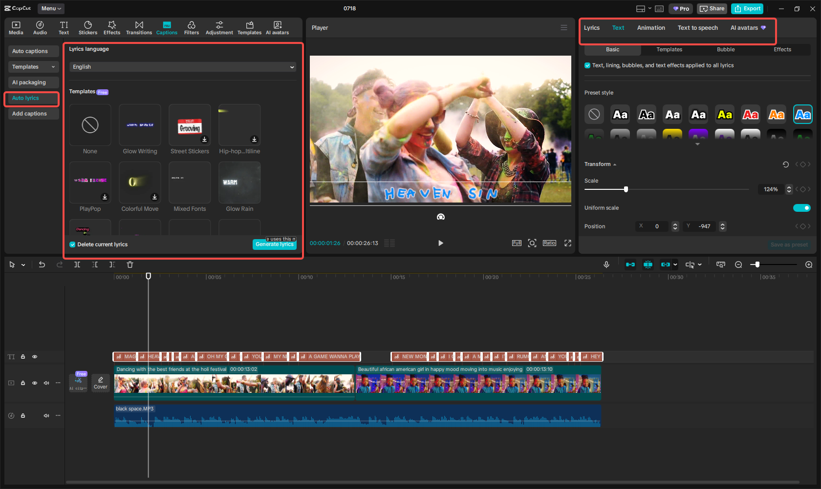 CapCut'ta şarkı için şarkı sözleri oluşturun.