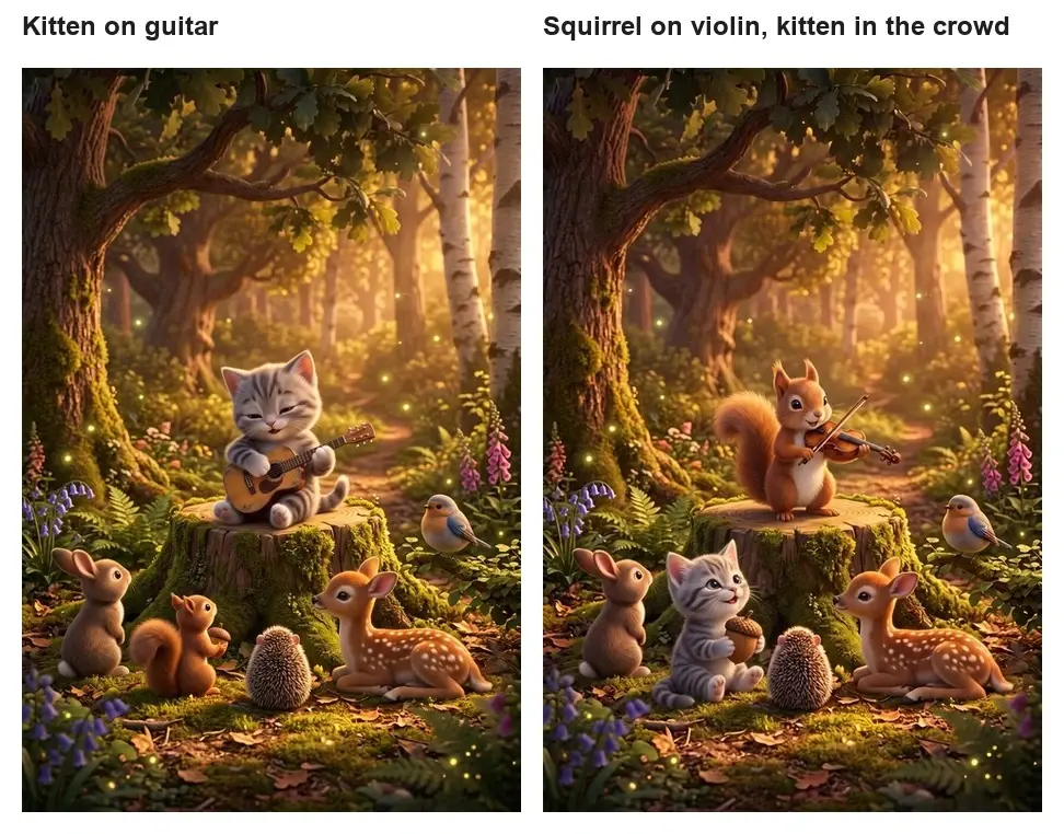 Kitten plays guitar on a tree stump while forest animals listen in a sunlit clearing