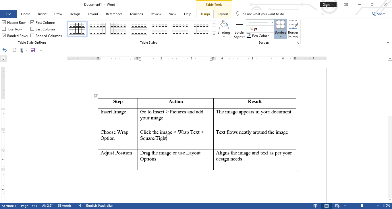 Selecting a table to wrap a word in a table on Microsoft Word