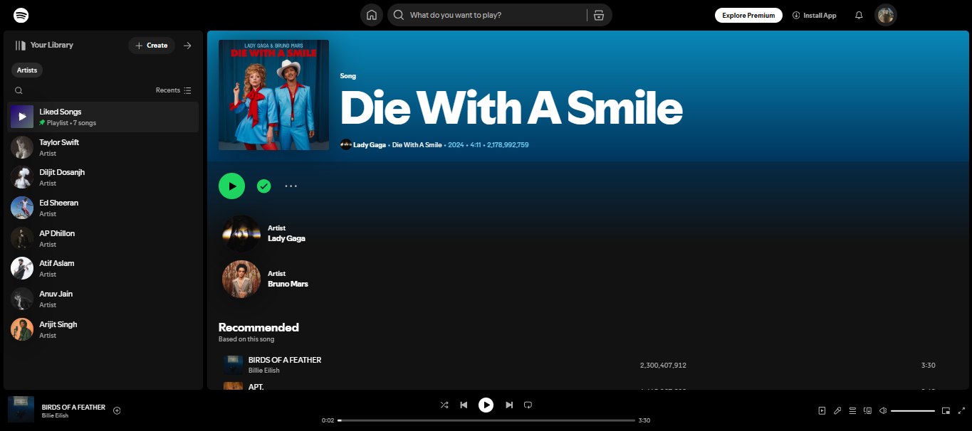 Die with a smile - one of the hits from Spotify's top 200 artists