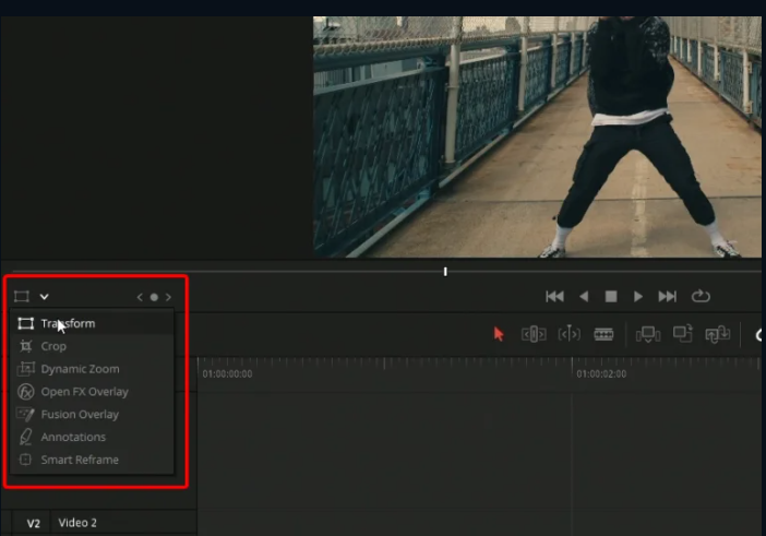 Using the transform tool to adjust zoom in DaVinci Resolve