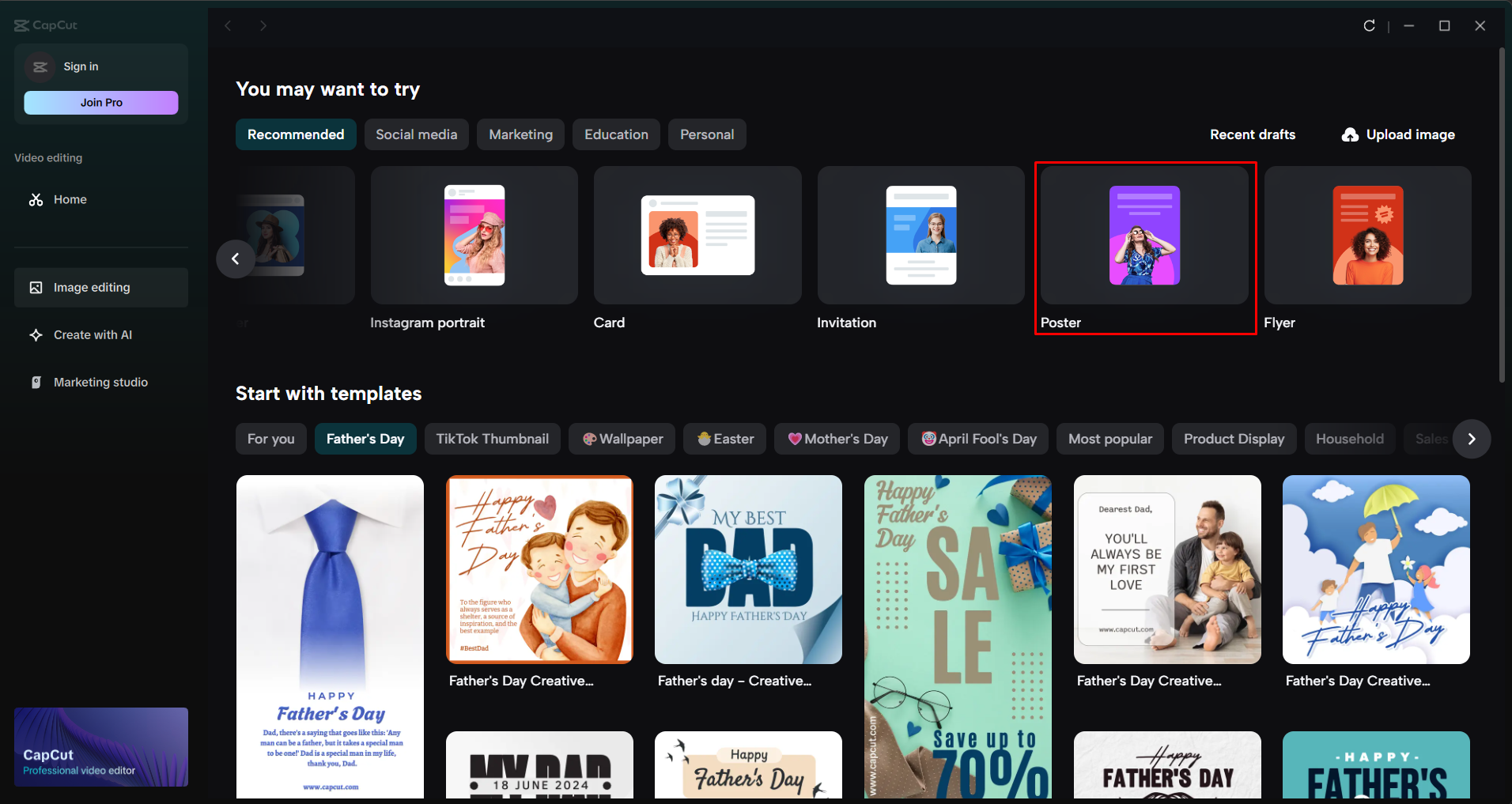 Launching the flyer tool in the CapCut desktop video editor