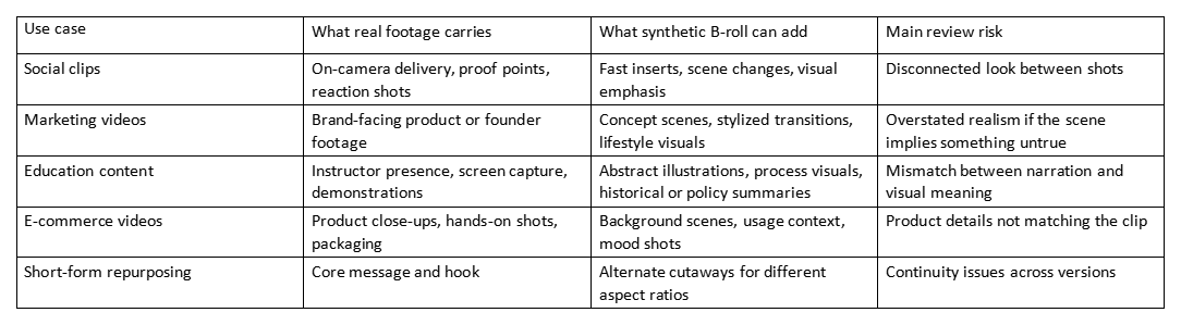 Table comparing use cases, what real footage carries, what synthetic B-roll adds, and main review risks