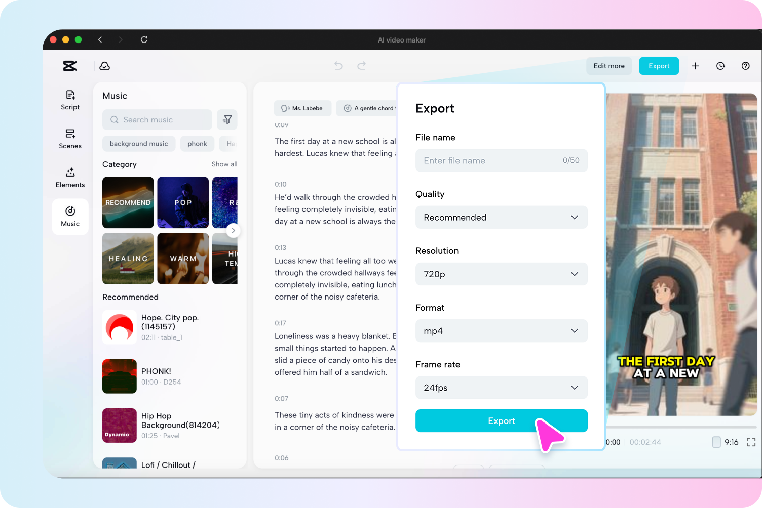 Export polished videos using AI video editor template