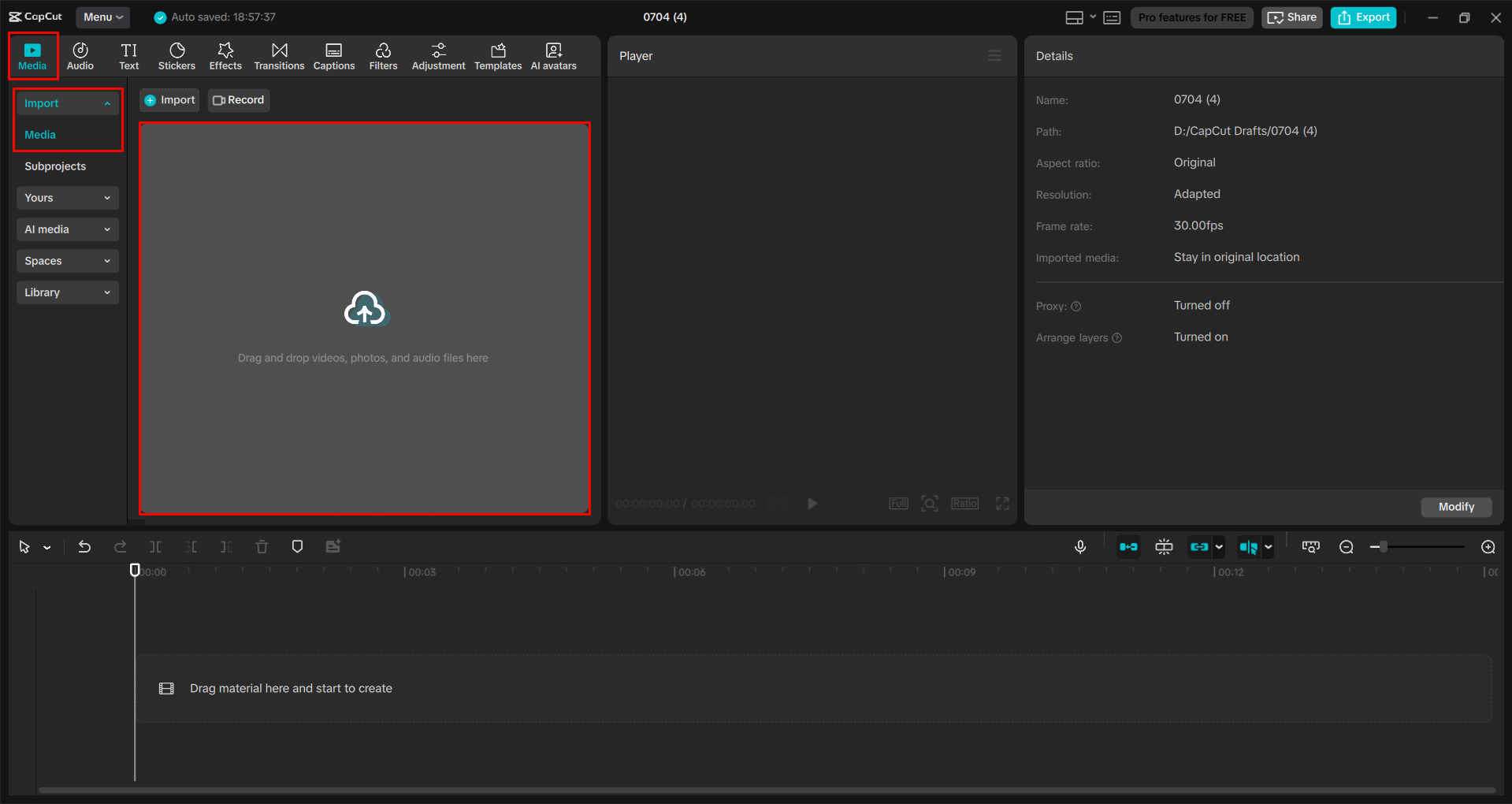 Importing the video into the CapCut desktop video editor