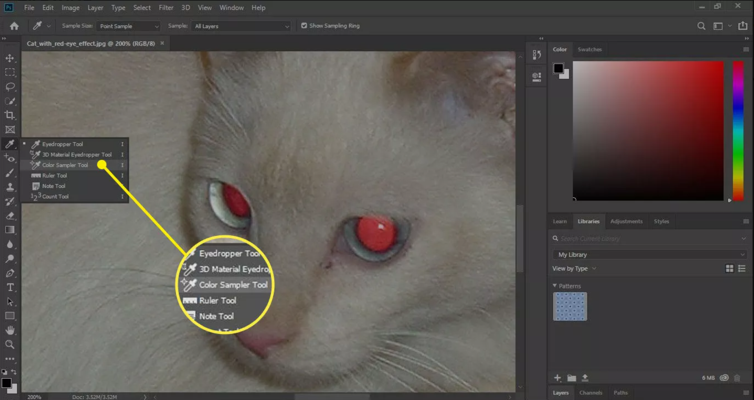 Zoom in and sample eye color to correct the red eye in Photoshop