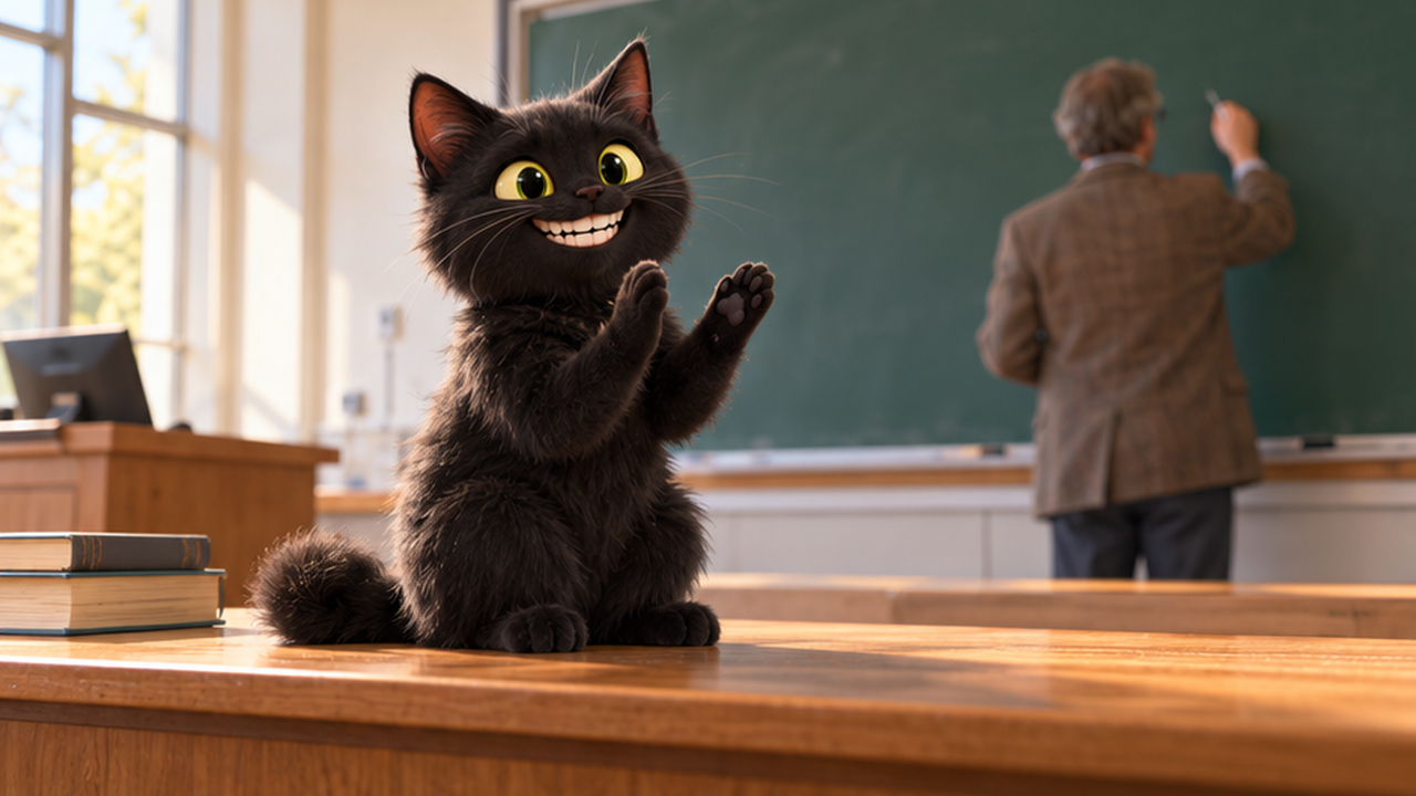 Illustrative keyframe: Smiling black cat with raised paws on a classroom desk and teacher behind