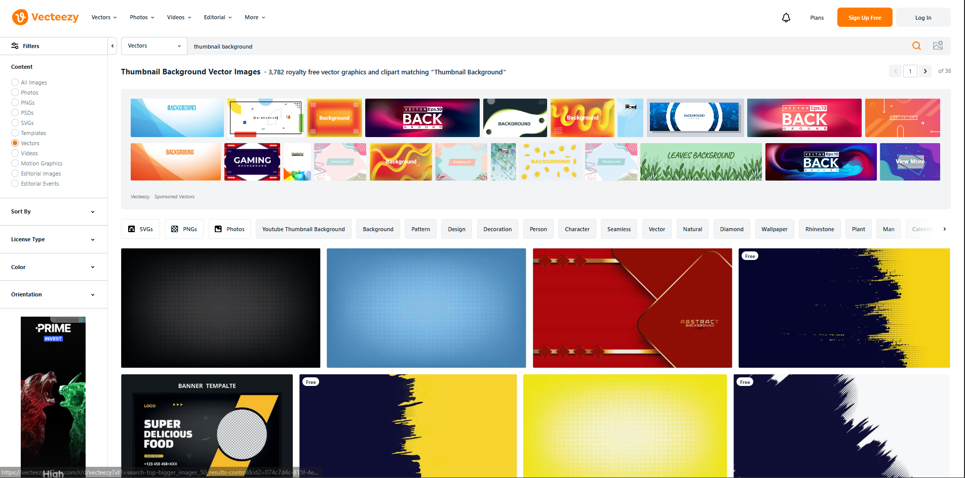 Interface of Vecteezy - the most liked site for thumbnail backgrounds