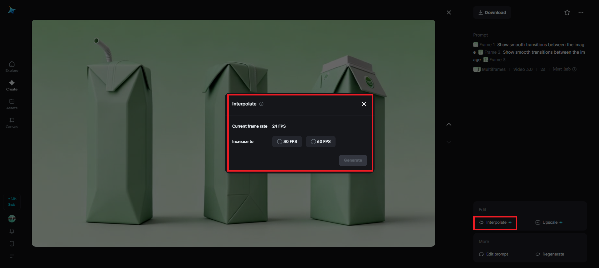 Interpolation feature in Dreamina
