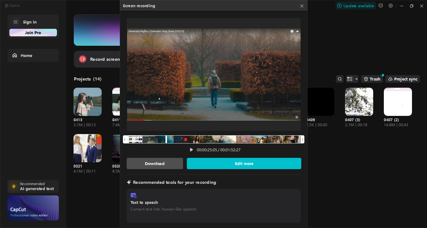 スクリーンを録画するための最高のツールの1つであるCapCutデスクトップビデオエディタのインターフェース