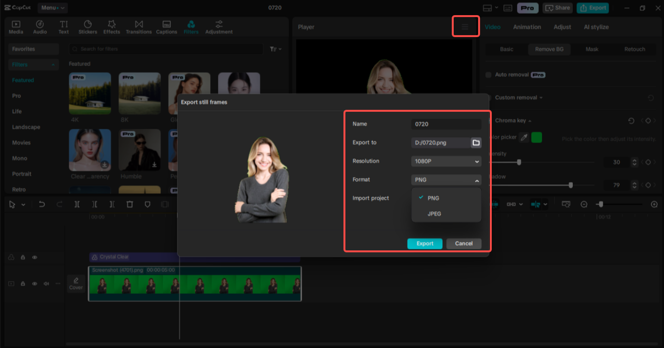 Exporting the image in CapCut