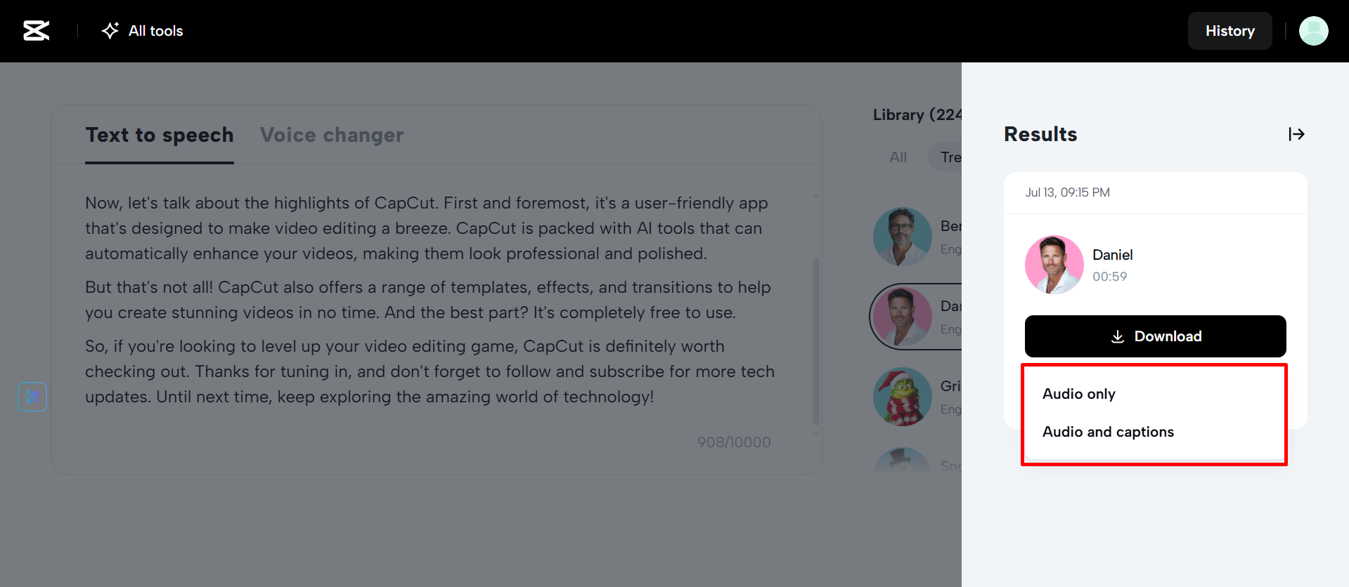 Downloading the audio from CapCut Web