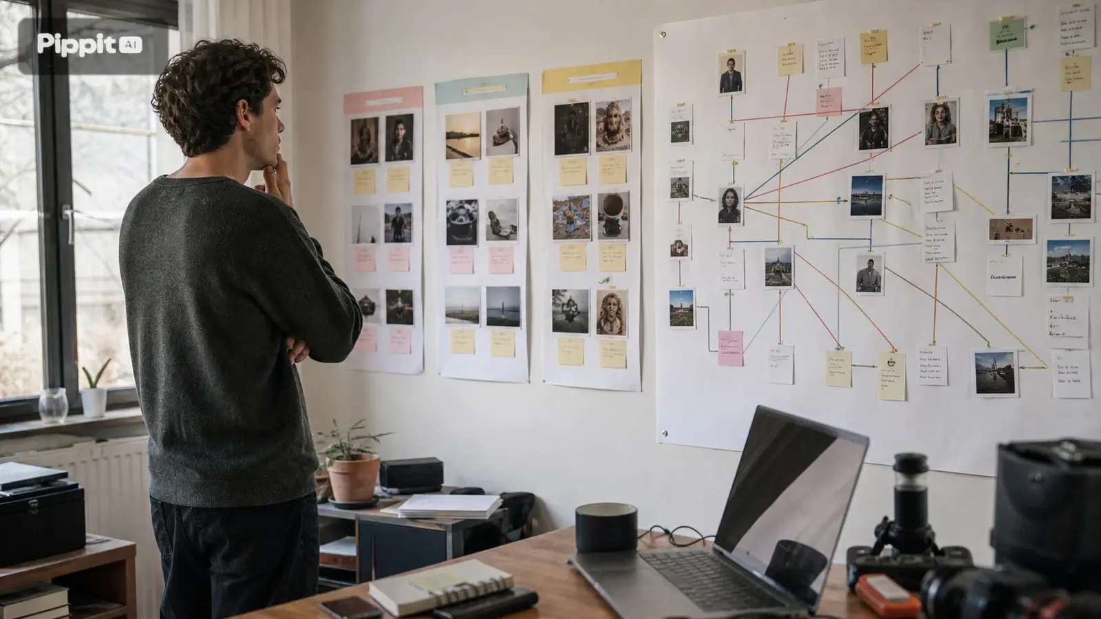 Homem analisa uma parede coberta com fotos, anotações e storyboards conectados em um escritório