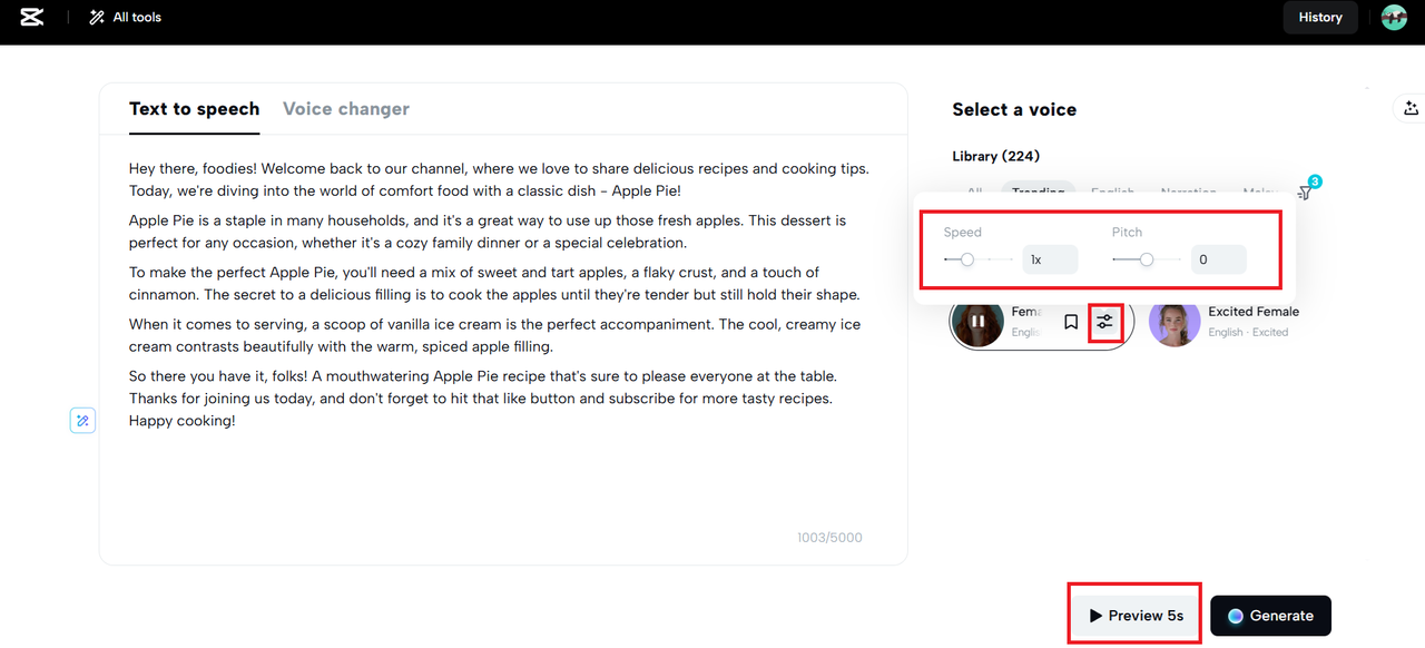 Sesuaikan kecepatan dan pitch dan klik pratinjau