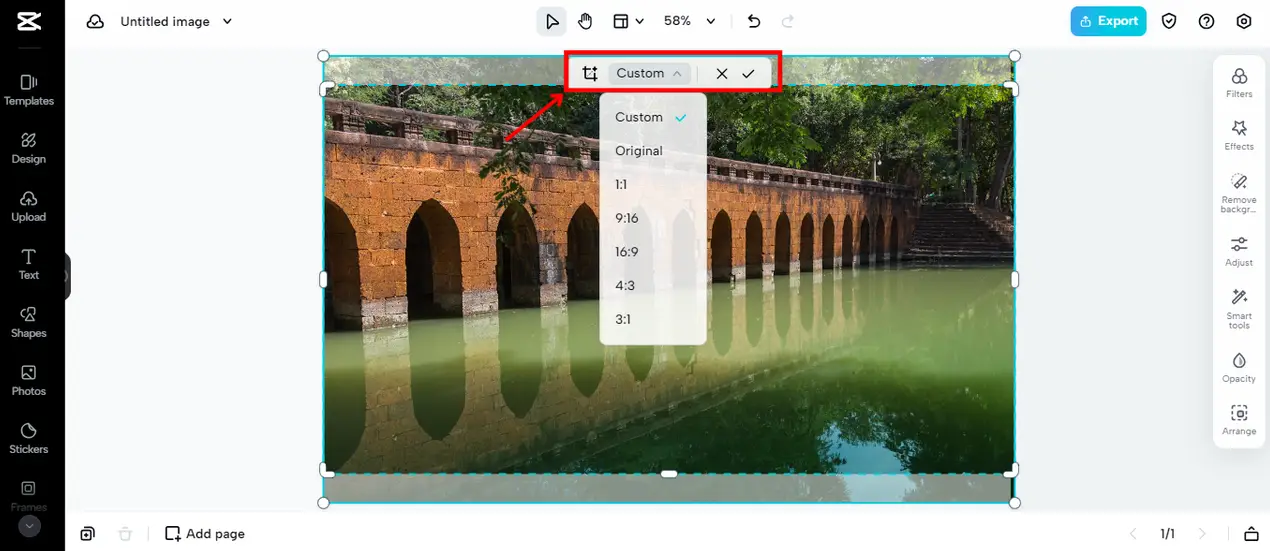 Using CapCut online image cropper to select aspect ratios and crop photos on a Mac