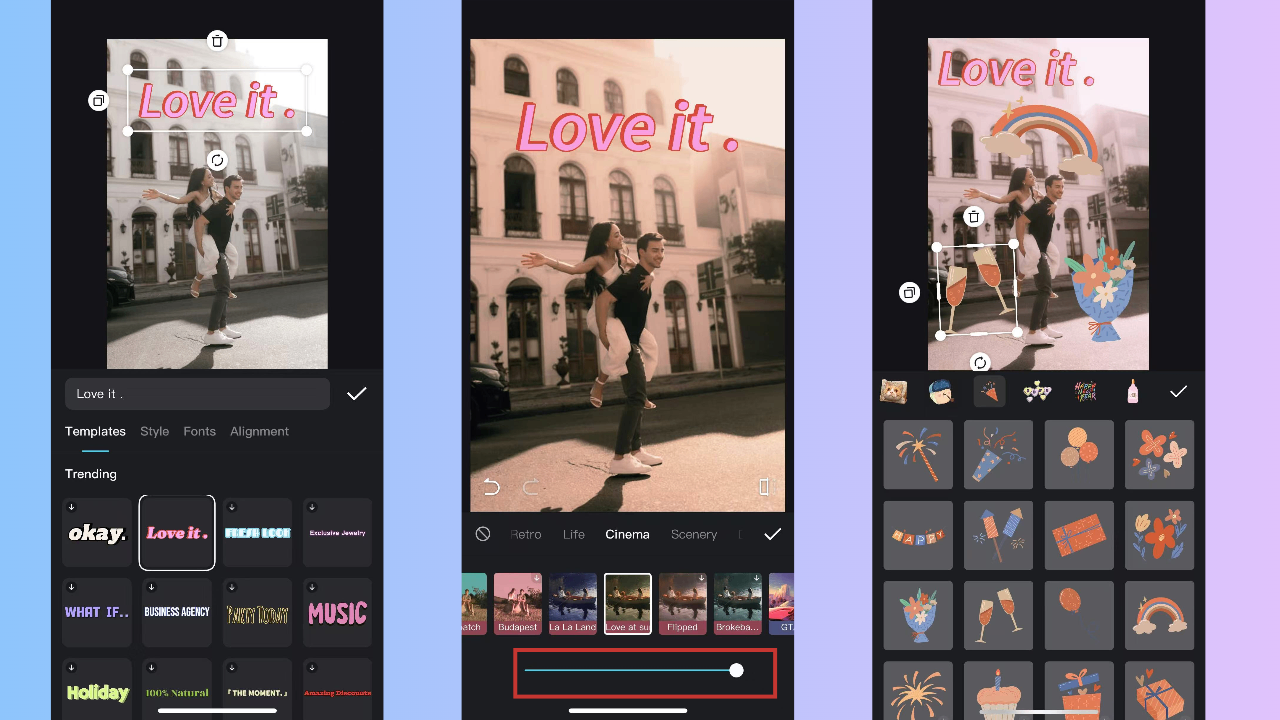 Set the mood with filters, text and decorative elements