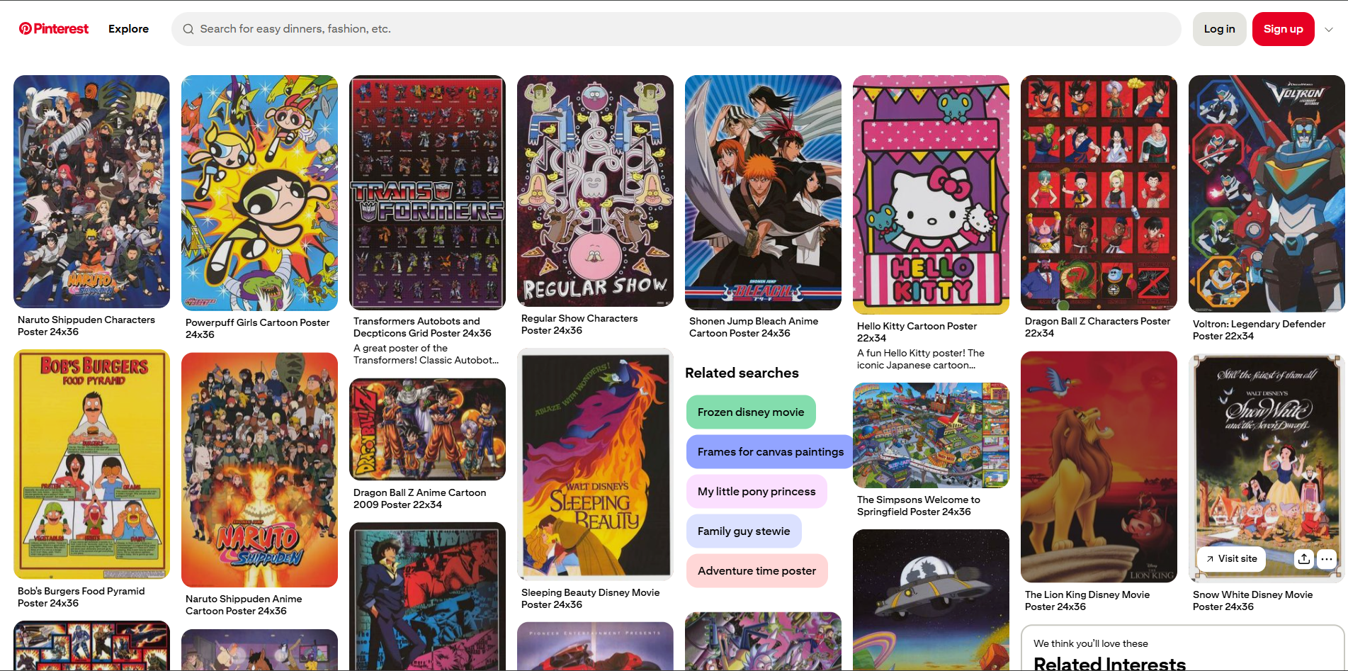 Interface of Pinterest - a platform to find cartoon poster inspirations