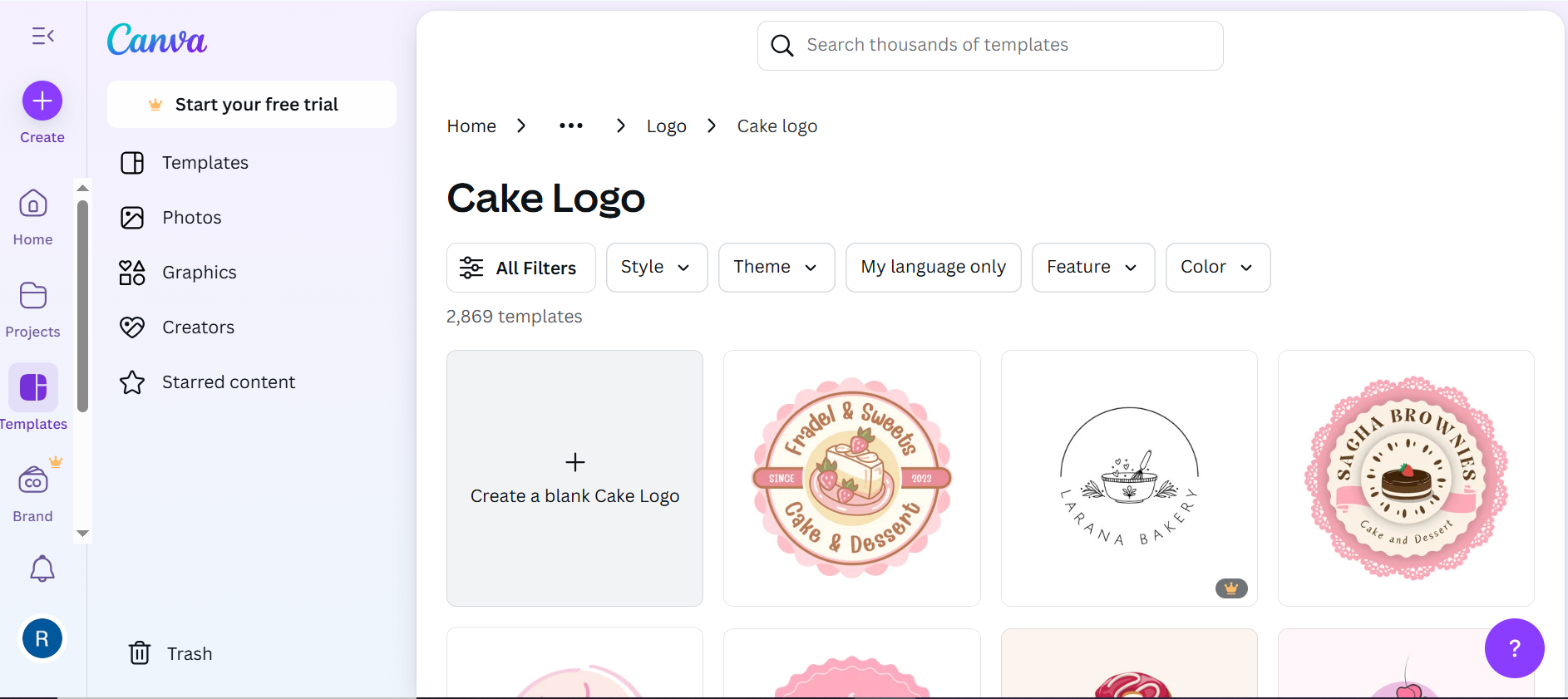 Canva - an online database to generate a modern cake logo design