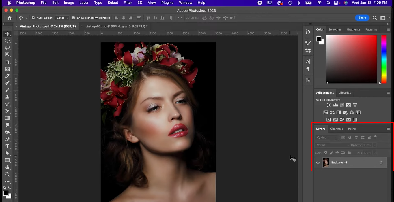 Upload the image to apply a vintage filter in Photoshop
