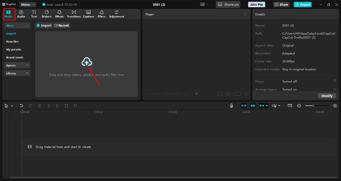 Uploading a video to the CapCut desktop video editor