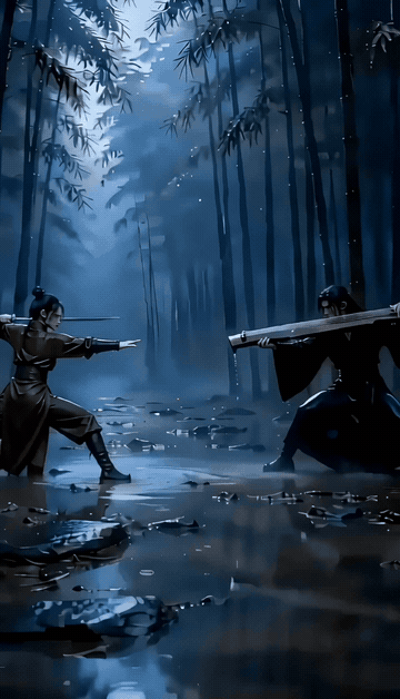 Animated guqin counterattack followed by a jump and sword defense.