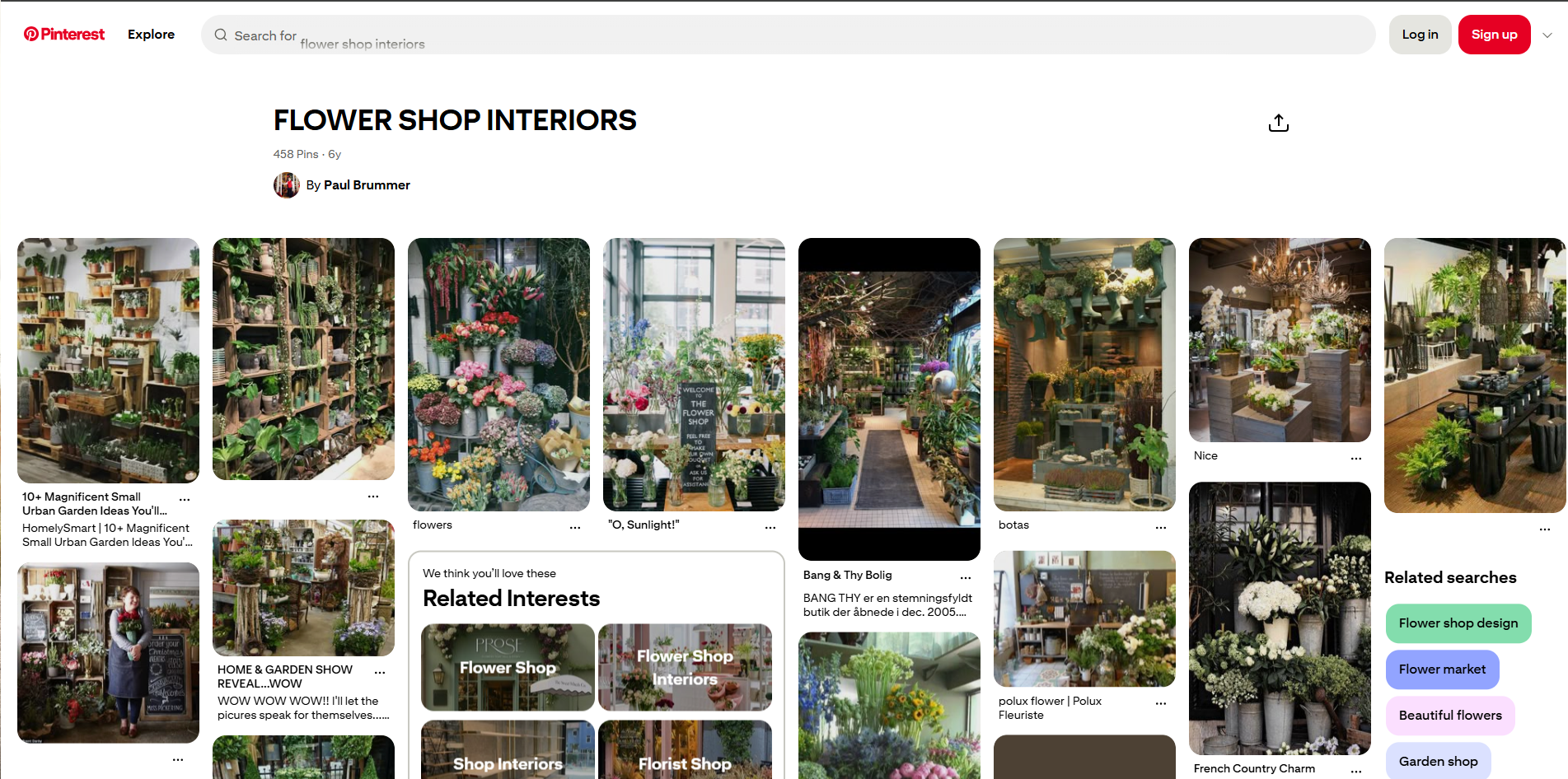 Interface of Pinterest - a site with diverse flower shop interior designs