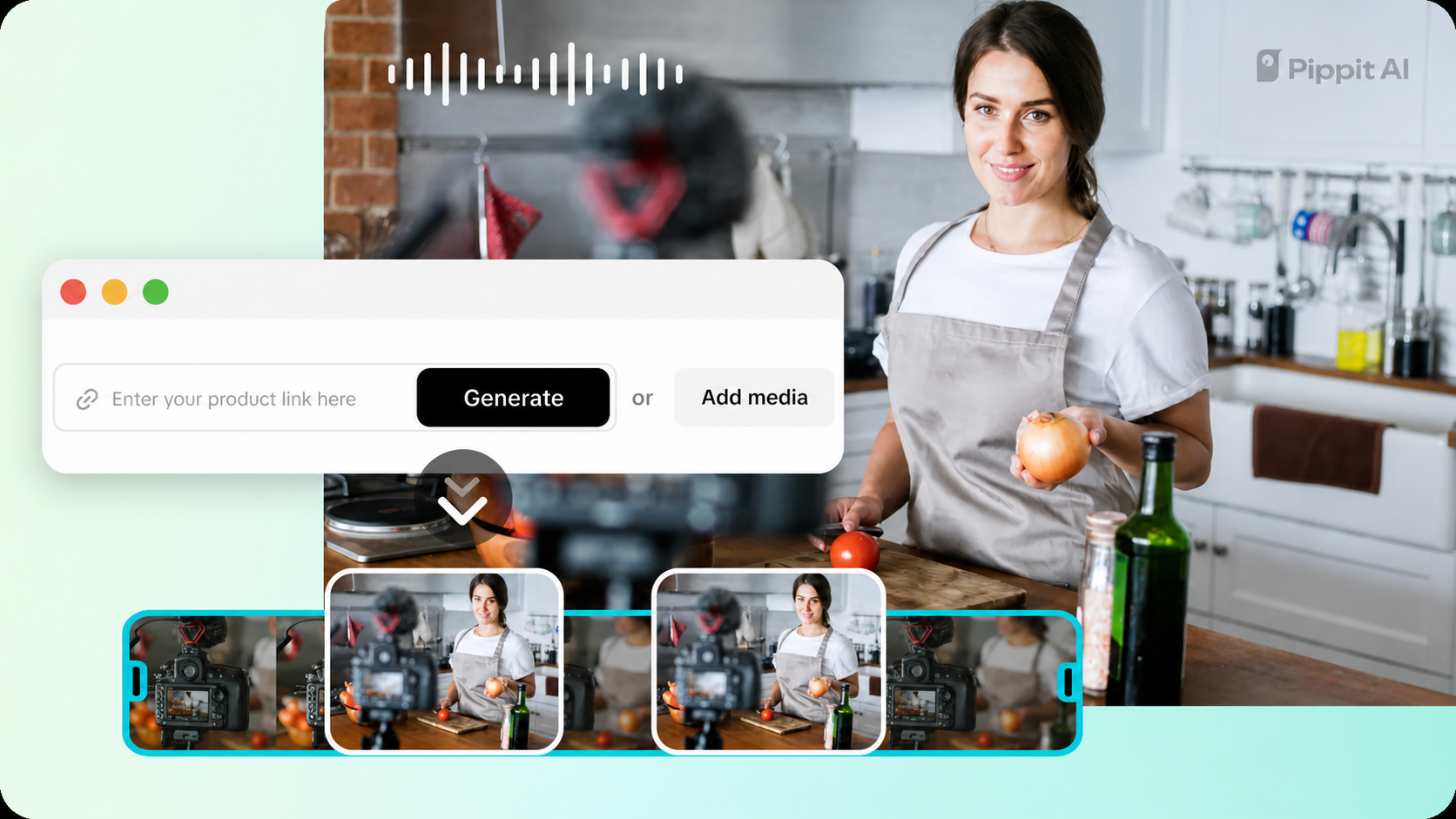 Woman in apron holding an onion in a kitchen, with a video generation interface overlaid