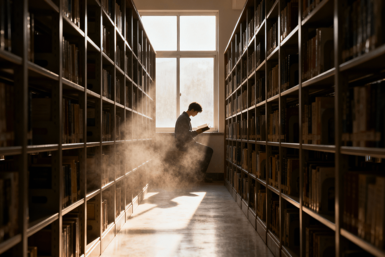 a boy sitting by the window reading