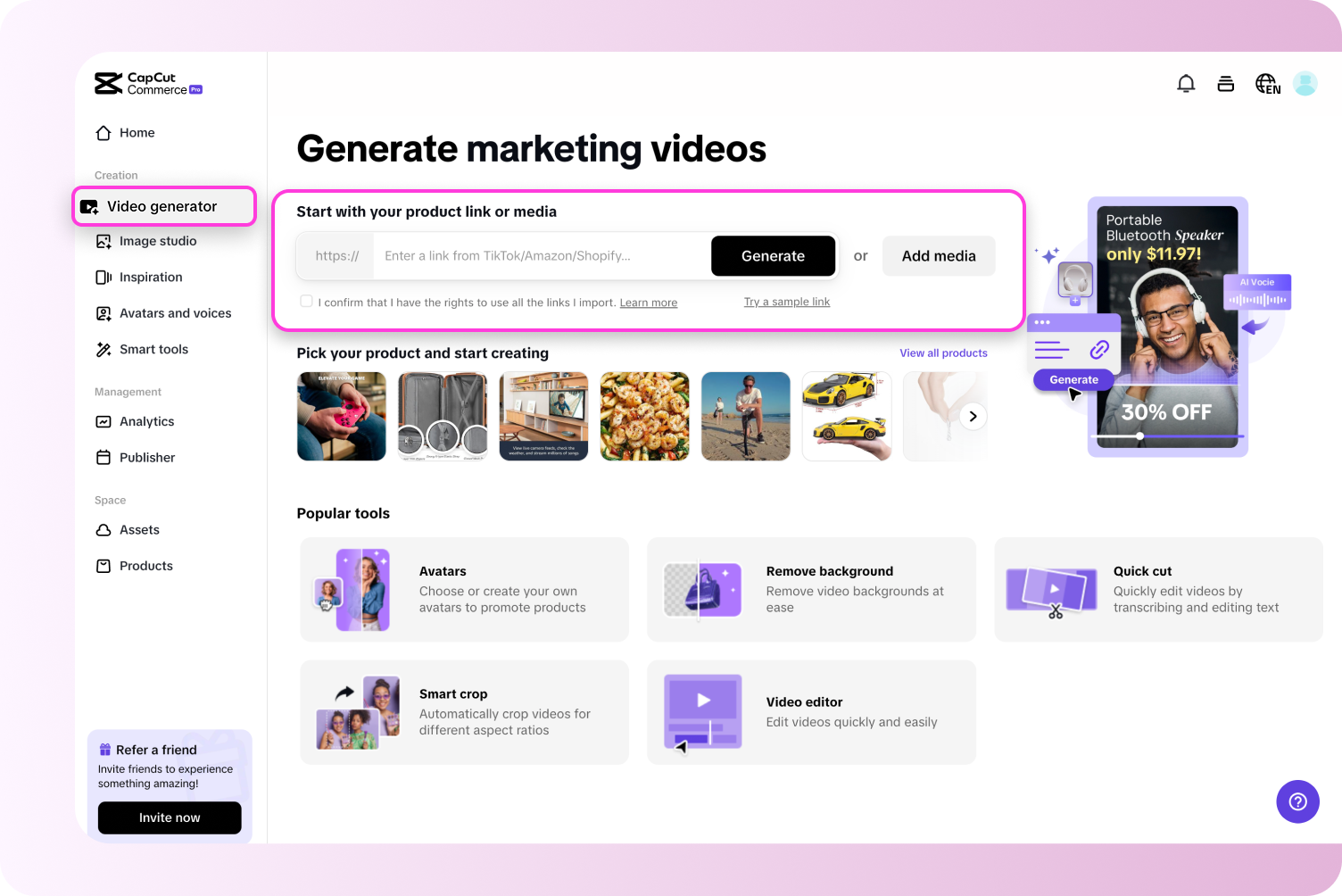 A conceptual mock-up of Pippit's Smart Creation dashboard, showing daily AI-generated video content suggestions ready for review and posting.
