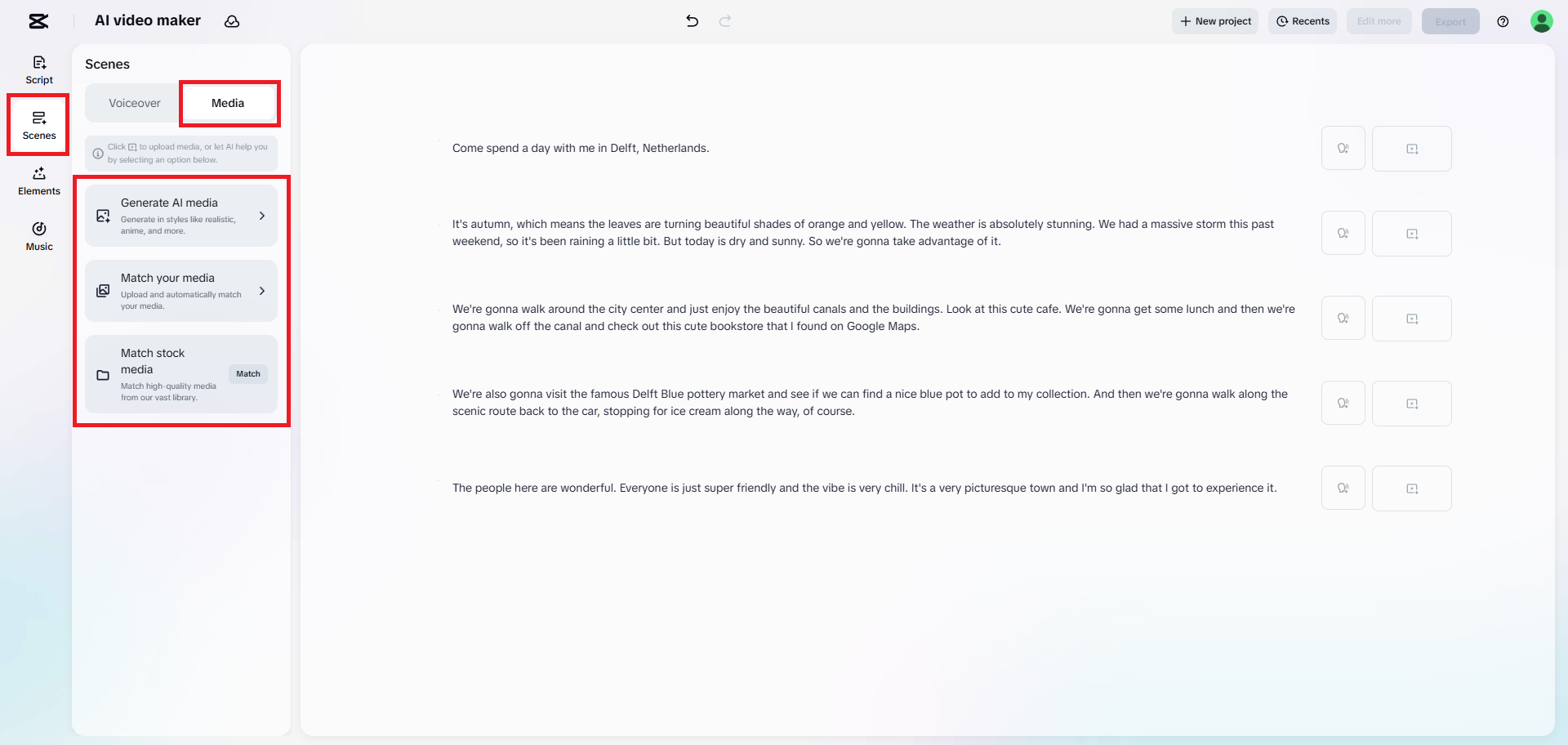 Select the way you want to add media to your video