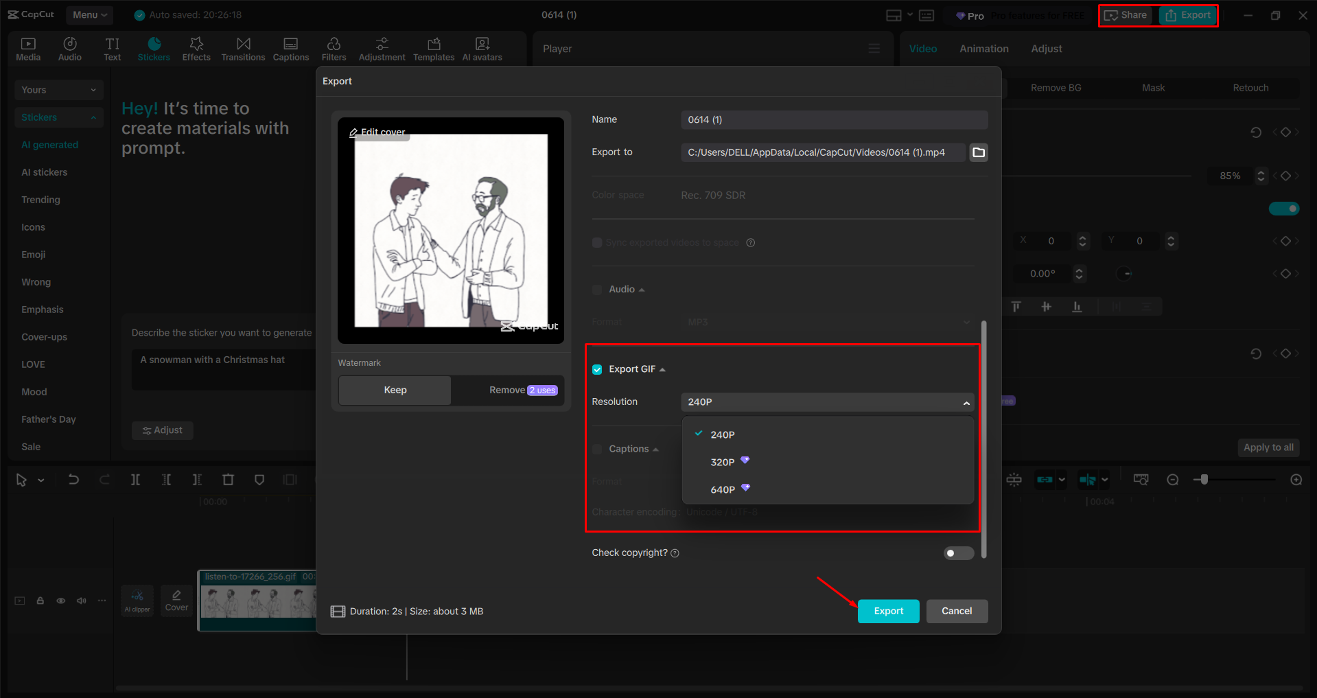Exporting a GIF from the CapCut desktop video editor
