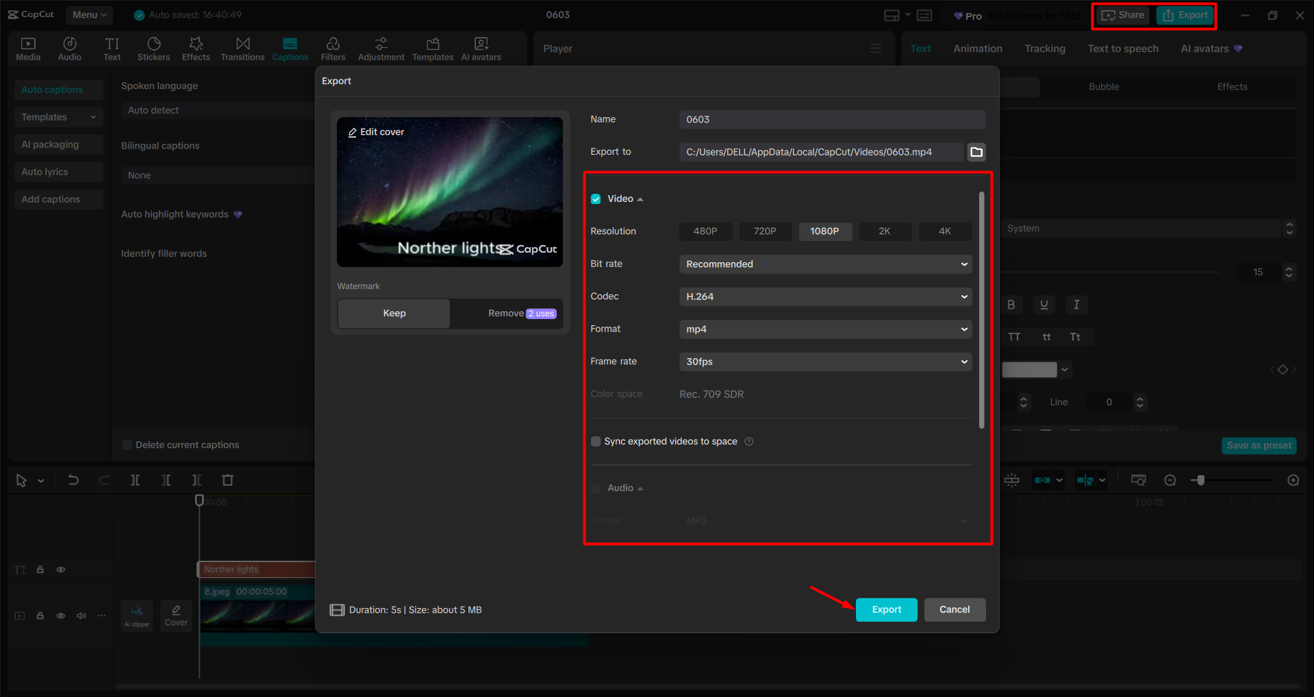 Exporting a video from the CapCut desktop video editor