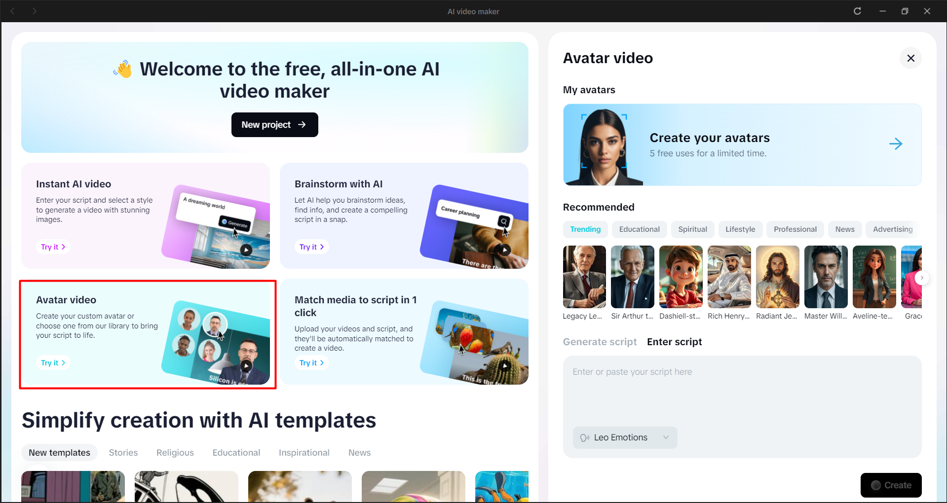 Opening the AI avatar tool in the CapCut desktop video editor