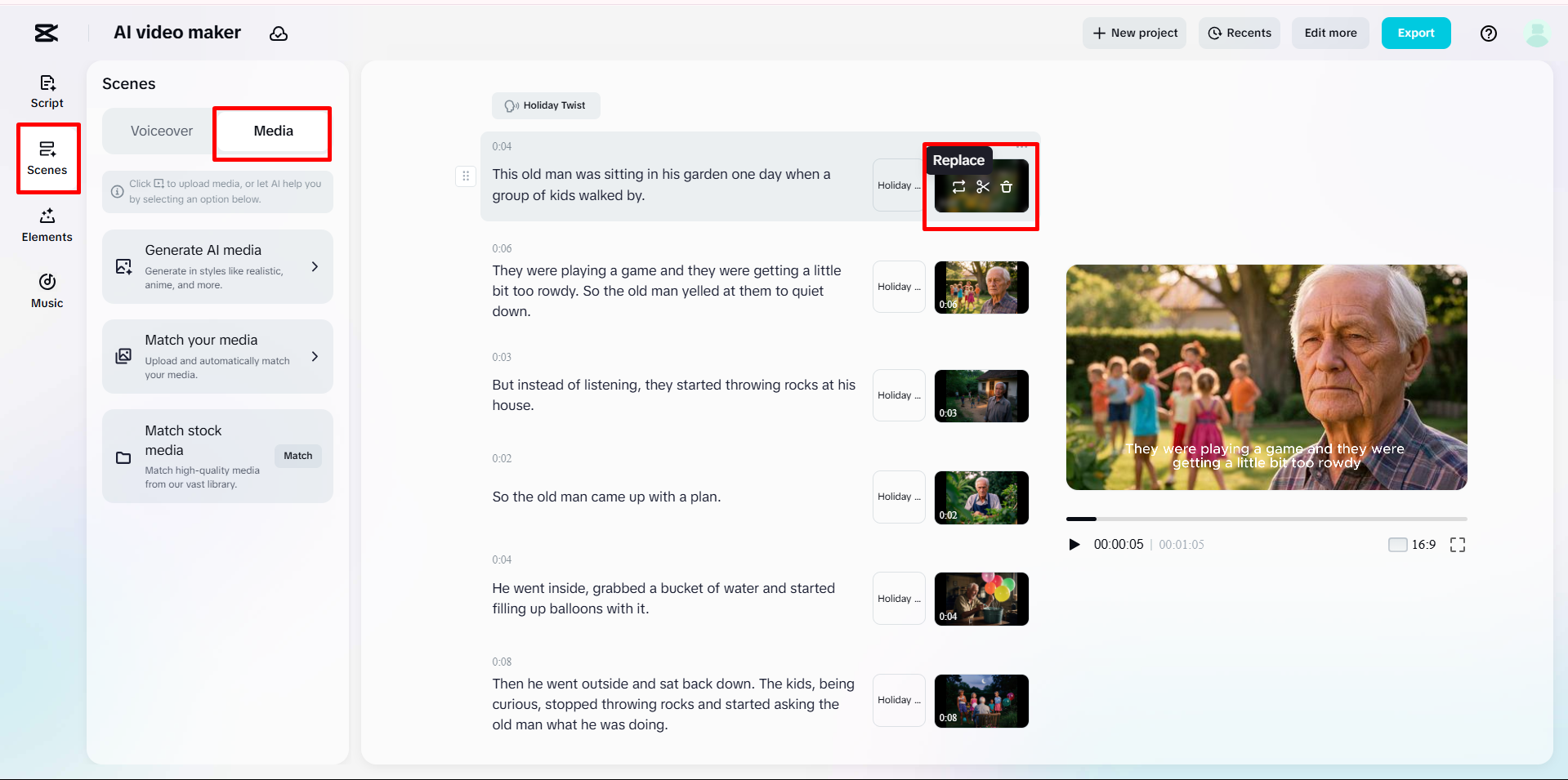 Adding or replacing media to the video using CapCut's AI video maker