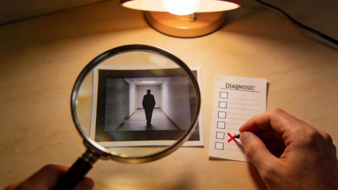 Magnifying glass over a photo of a silhouette in a hallway beside a diagnostic checklist