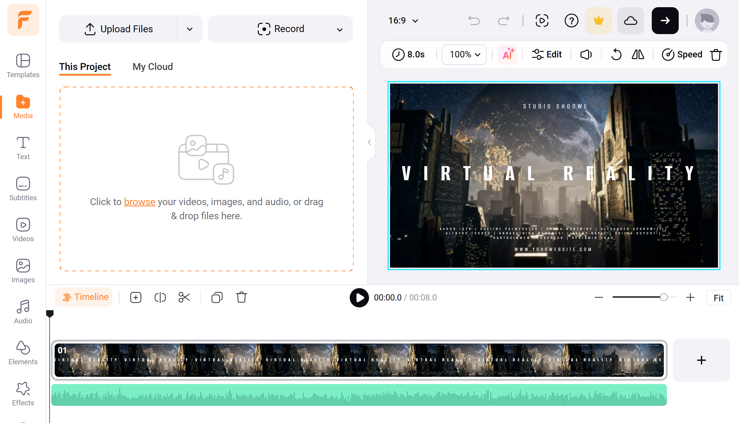 Interface of FlexClip - another free gaming intro maker