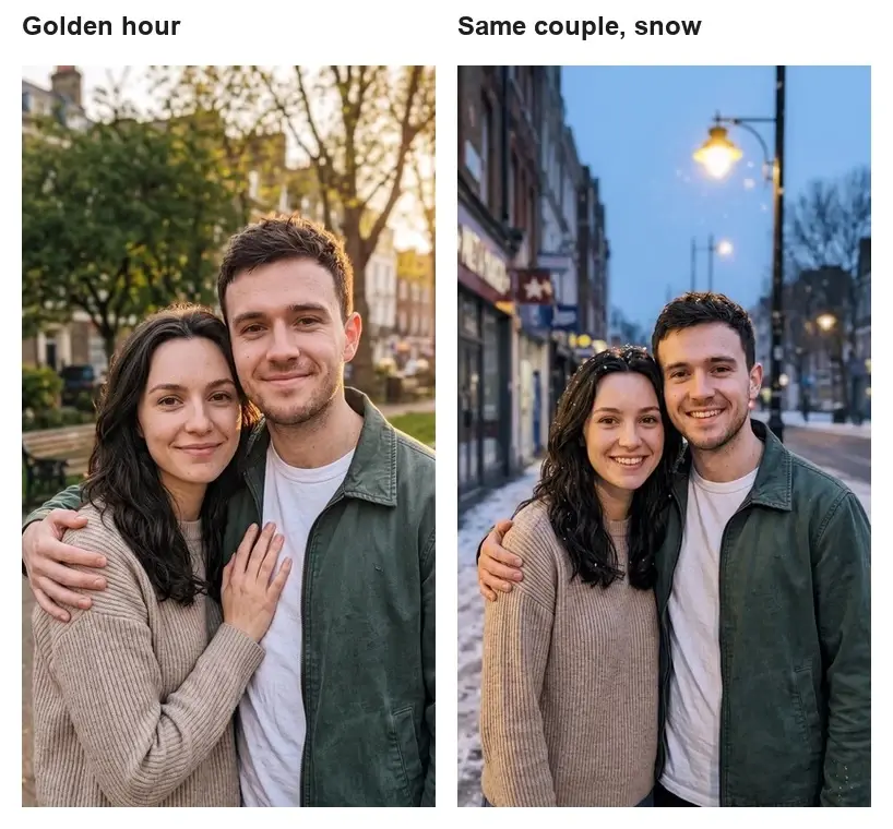Couple standing together in golden hour and snowy street scenes