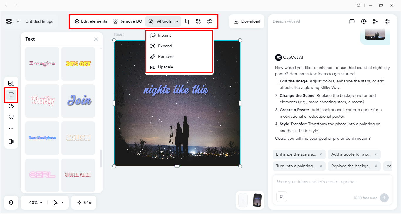 Editing the astrophotography image in CapCut desktop video editor