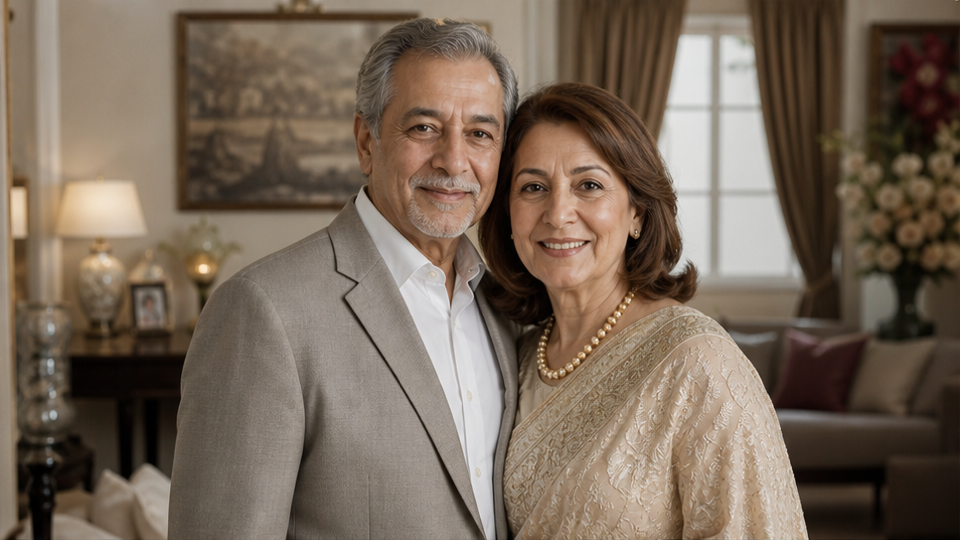 50th Wedding Anniversary Invitation prompt example 1 - Couple Memory Photos Framed By Gold Flowers