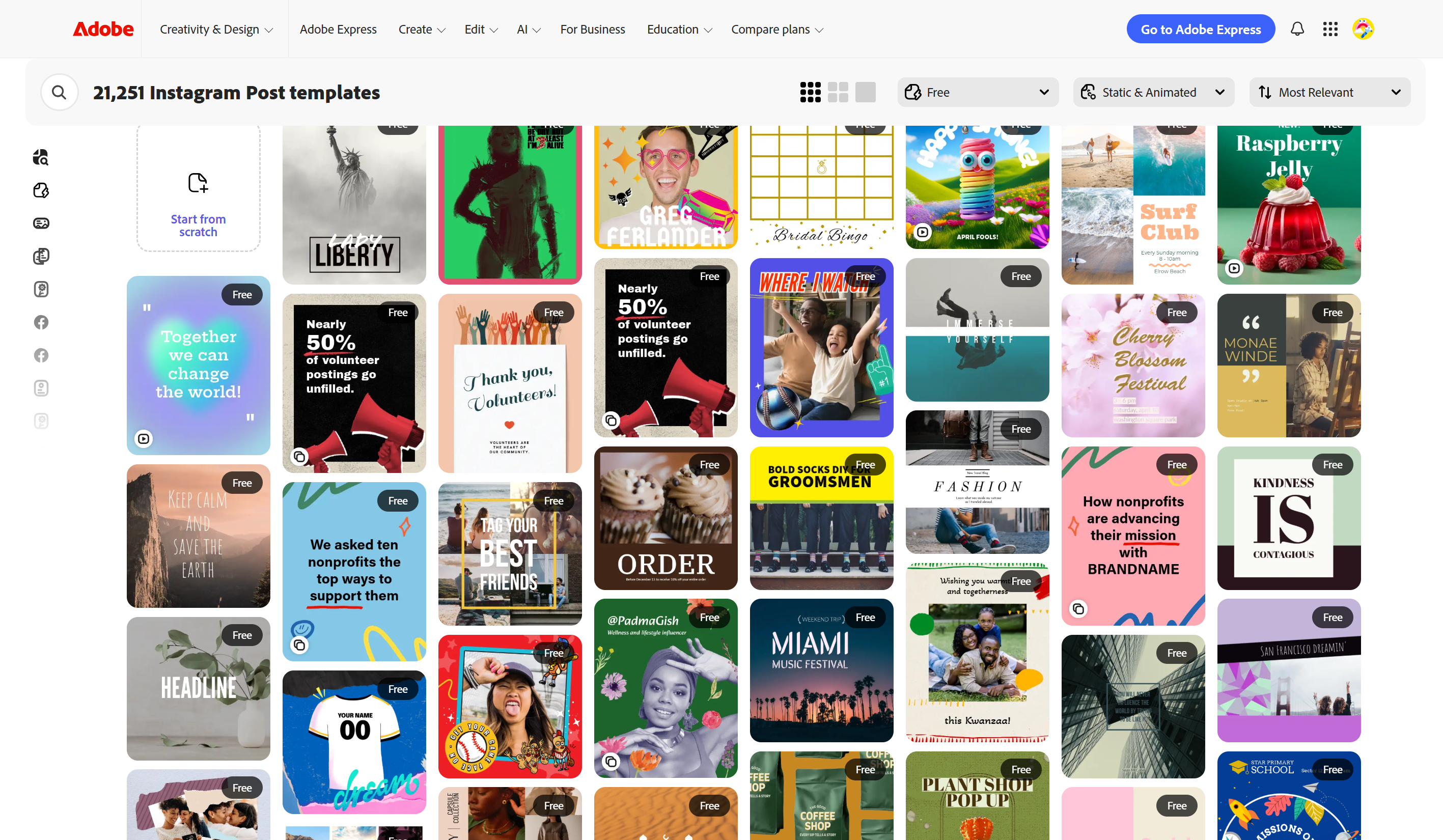 Interface of Adobe Express- the perfect resource for free Instagram post templates