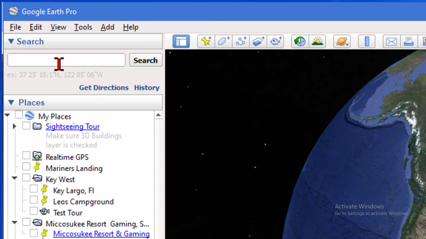 Google Earth Proを開いてGoogleマップのズームビデオを作成する