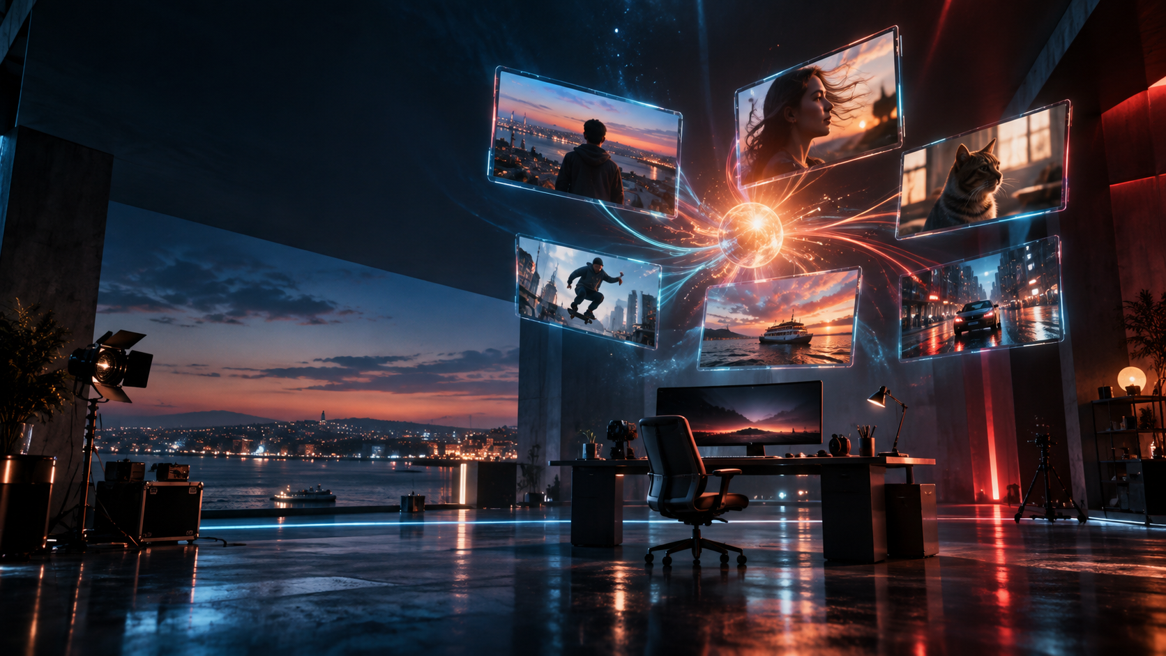Cinematic AI video creation studio overlooking Istanbul at blue hour