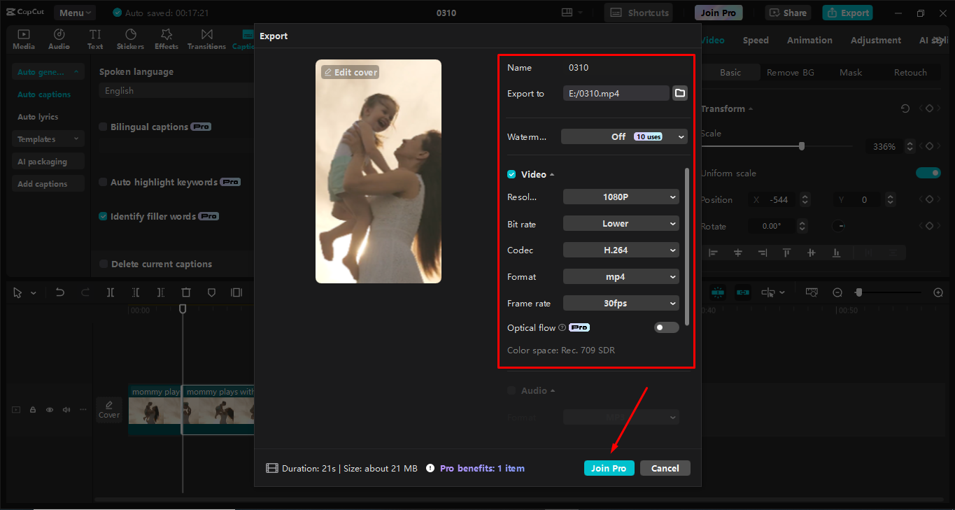 Exporting video to the CapCut desktop video editor
