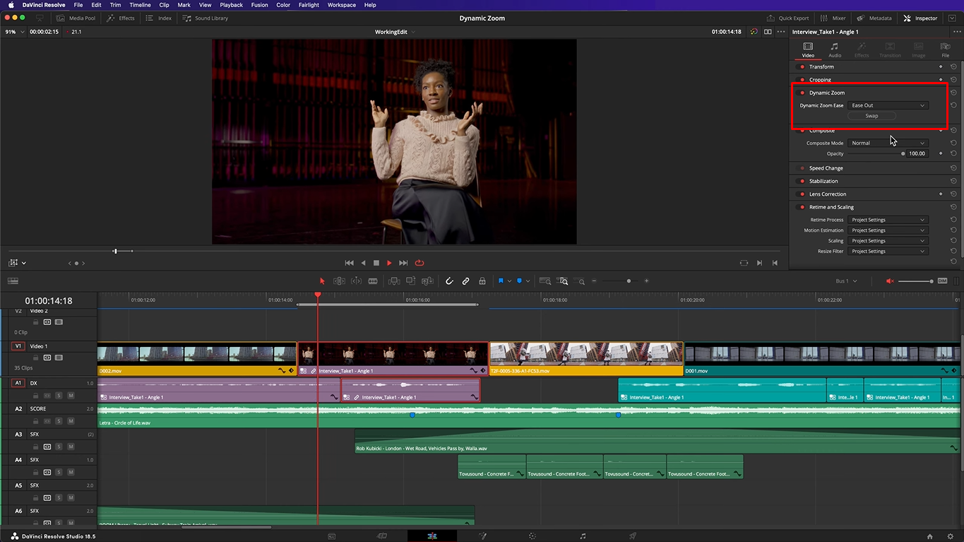 Image showing how to smooth the zoom-in clips in DaVinci Resolve
