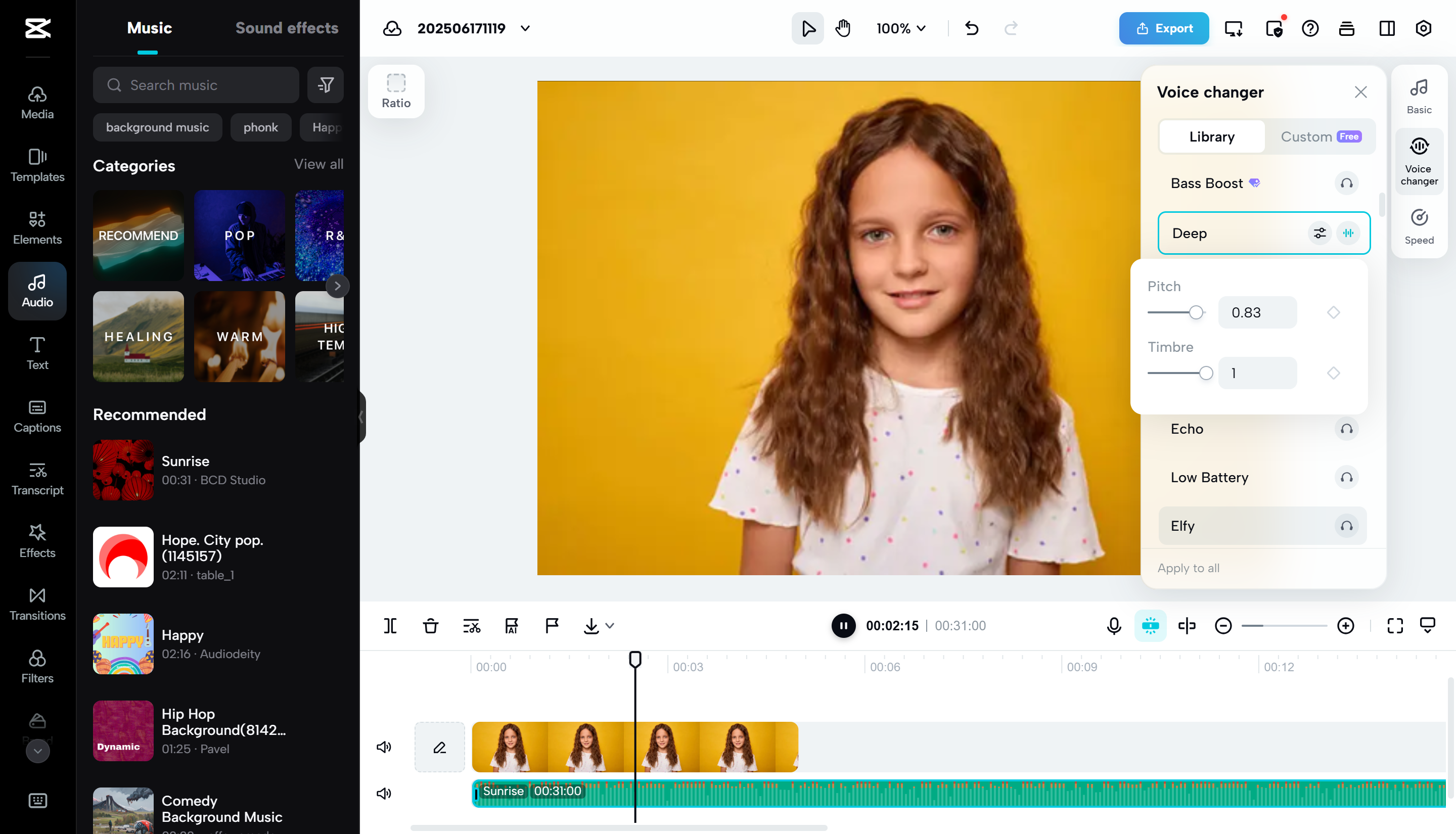 Interface of CapCut Web - a quick way to make deep voice