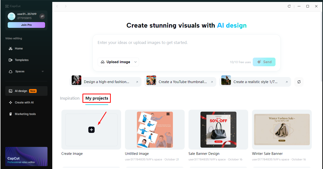 Uploading an image in the CapCut desktop video editor