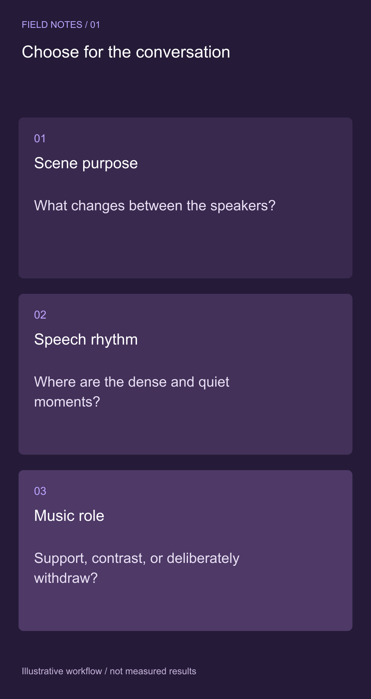 Describe the scene before describing the music — illustrative decision guide
