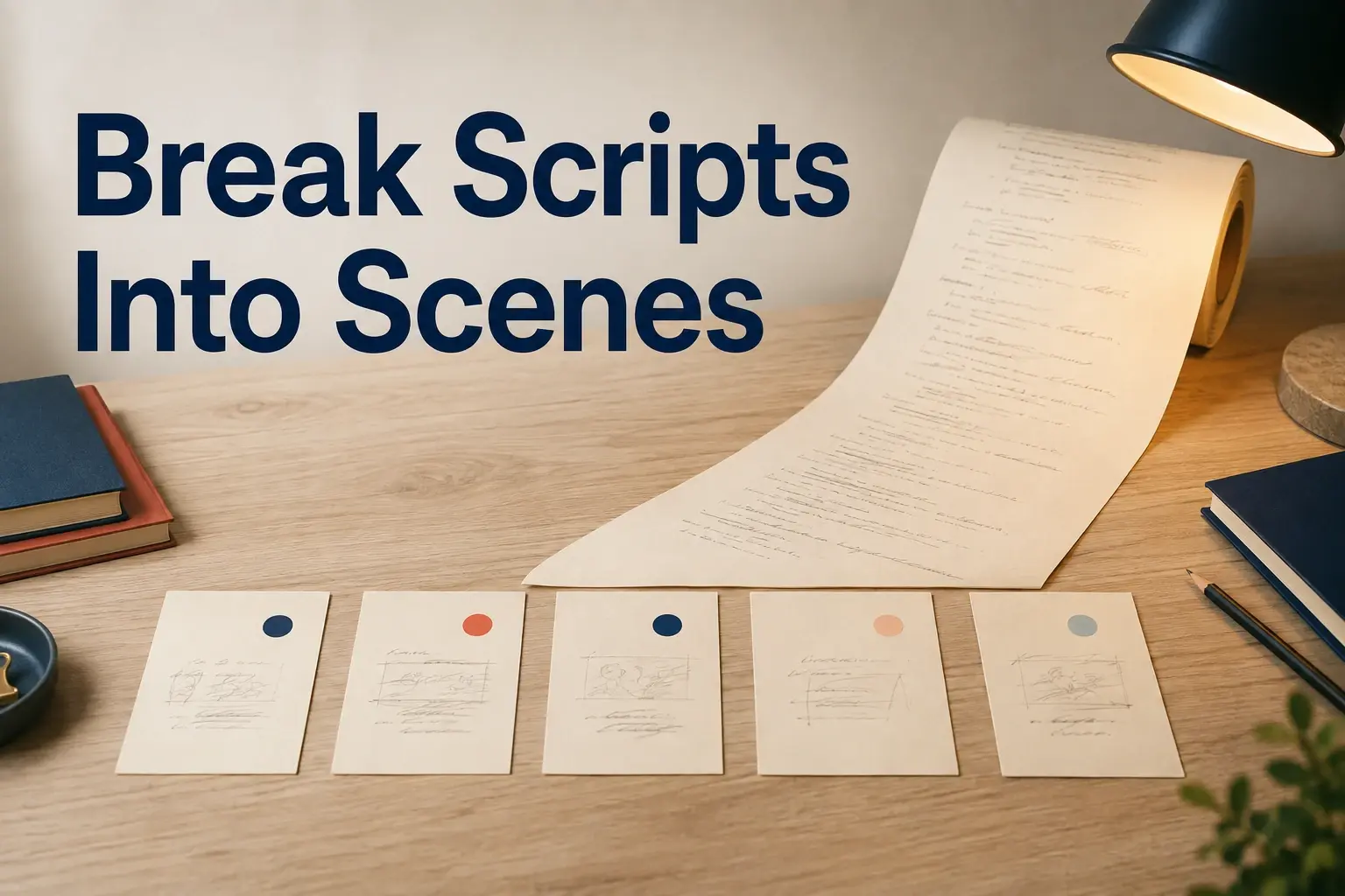 A long paper script becomes five scene cards with the title Break Scripts Into Scenes